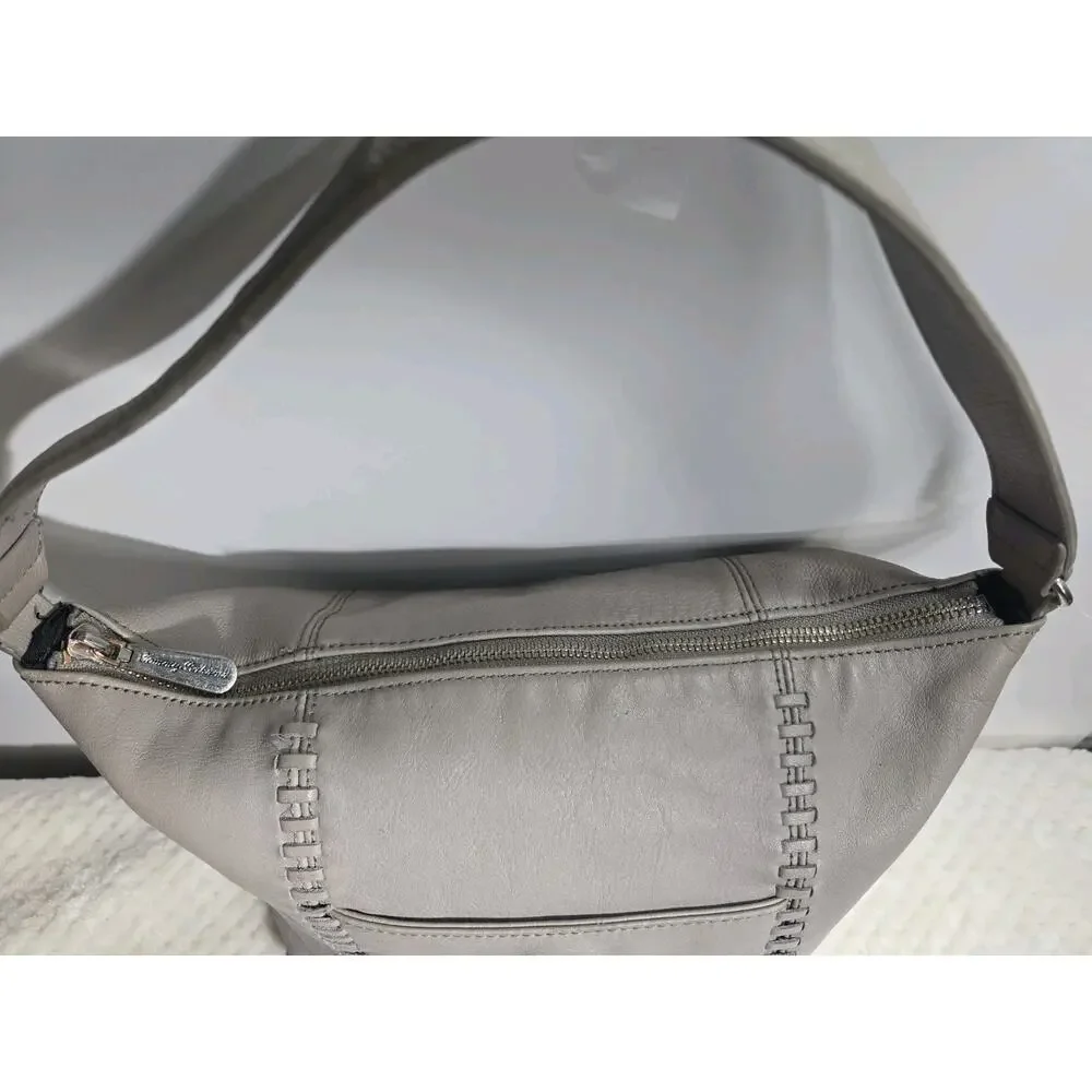 Tommy Bahama Gray Leather Hobo‎ Shoulder Bag Whipstitch Zip Purse